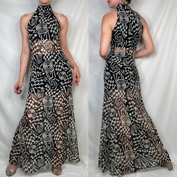 Cache geometric mesh maxi dress sheer Tadashi vintage 90s prom formal cocktail S - Picture 12 of 15